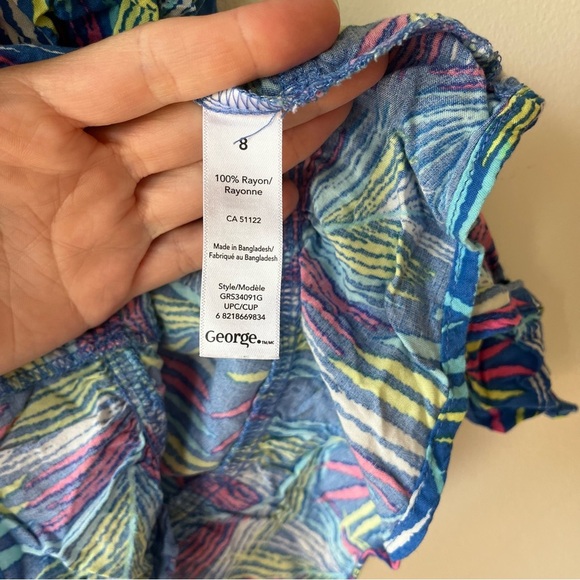 🌼 5/$25 George Girls Tropical Leaf Print Sundress Blue Multicolor Size 8 Rayon - Picture 11 of 11